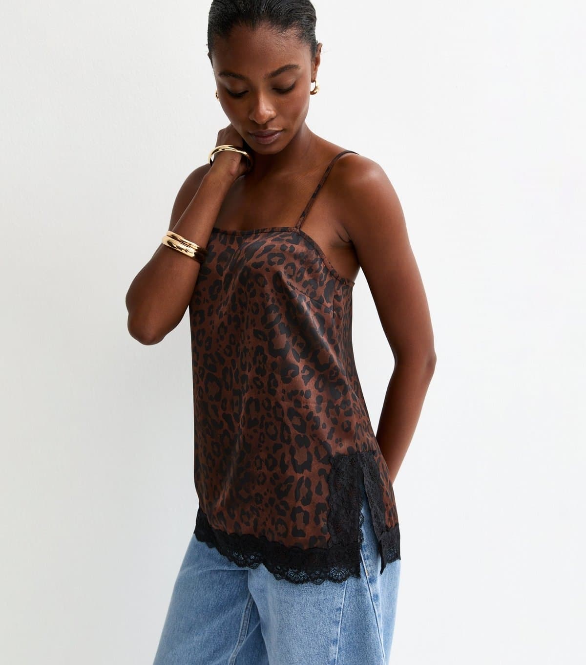 New Look Women's Brown Animal Print Lace Trim Longline Cami Top New Look