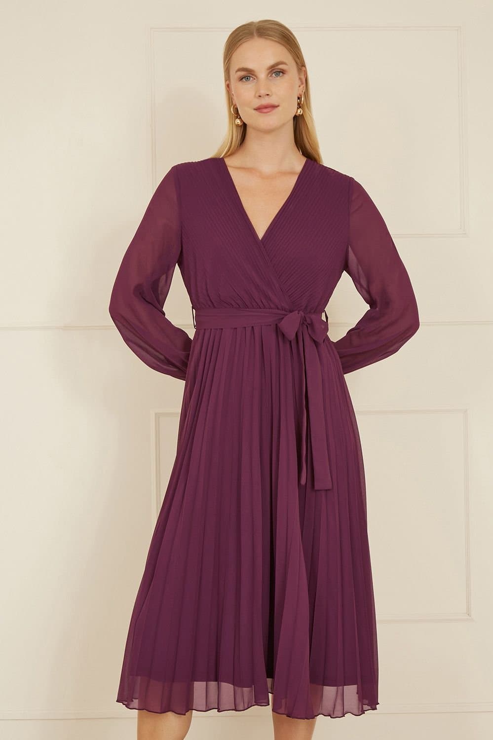 Yumi Yumi Women's Plum Pleated Wrap Midi Dress With Sheer Long Sleeves