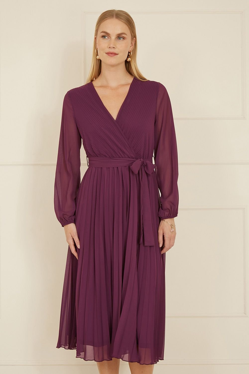 Yumi Yumi Women's Plum Pleated Wrap Midi Dress With Sheer Long Sleeves - 2