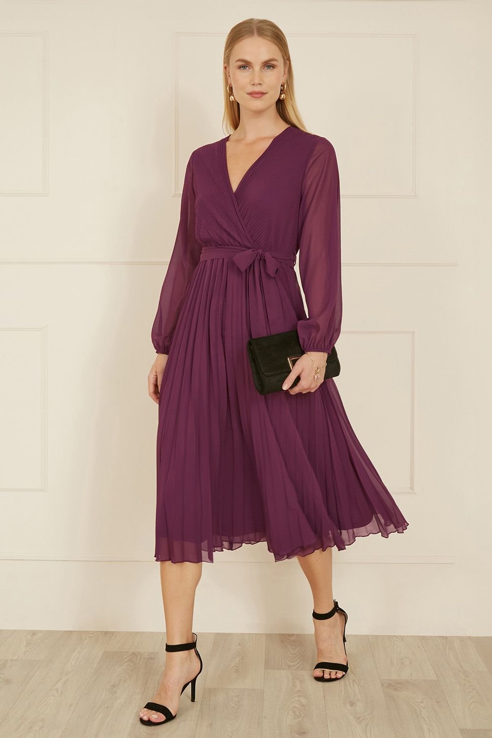 Yumi Yumi Women's Plum Pleated Wrap Midi Dress With Sheer Long Sleeves - 3