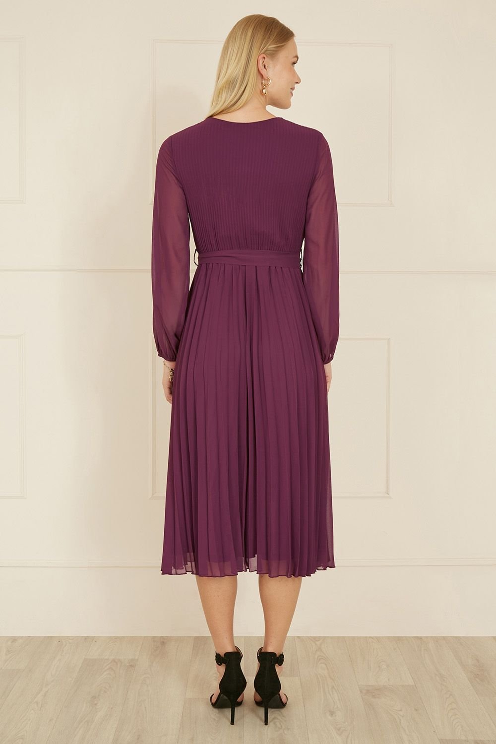 Yumi Yumi Women's Plum Pleated Wrap Midi Dress With Sheer Long Sleeves - 4