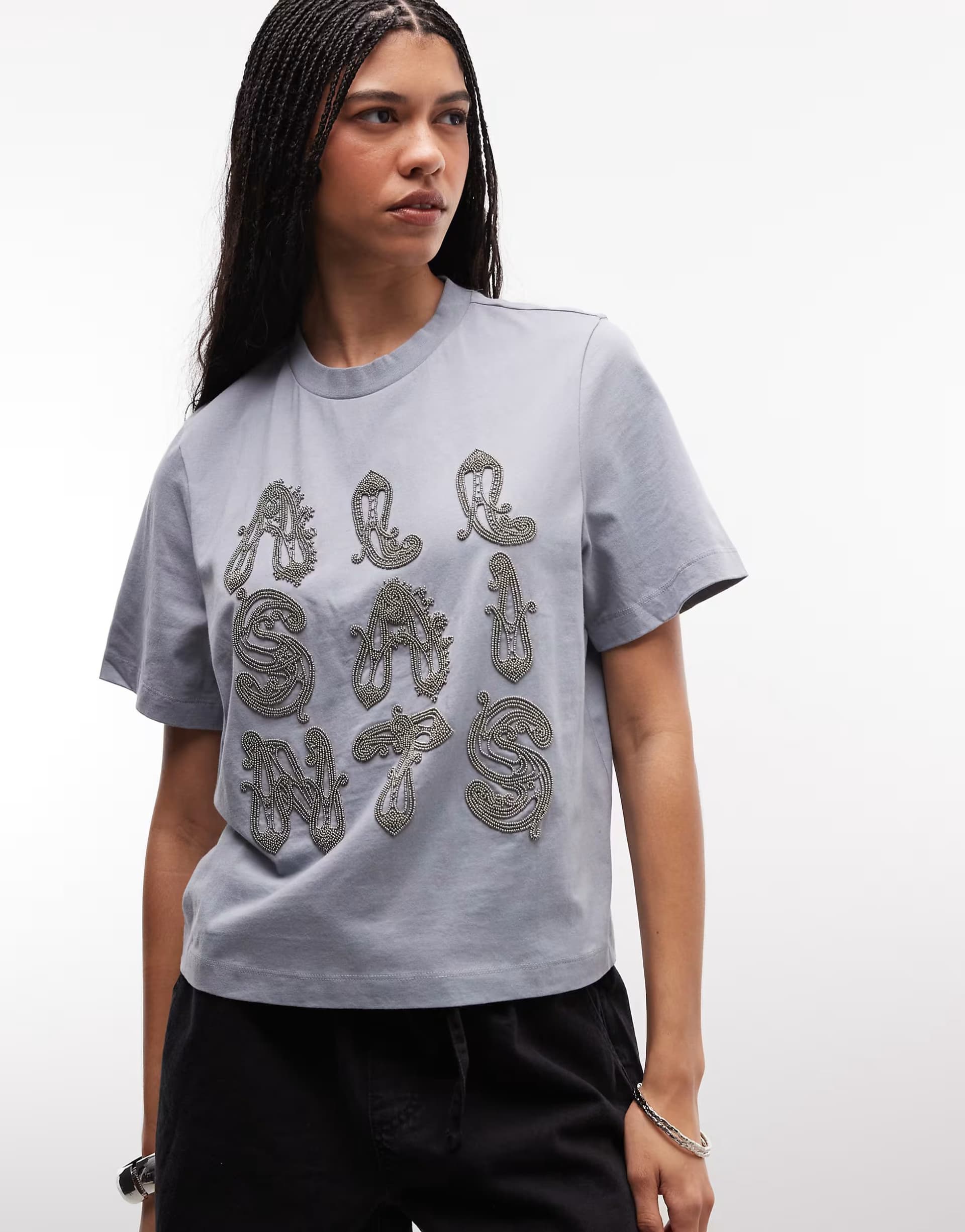 ASOS AllSaints Ella Lisa short sleeve embellished logo t-shirt in blue