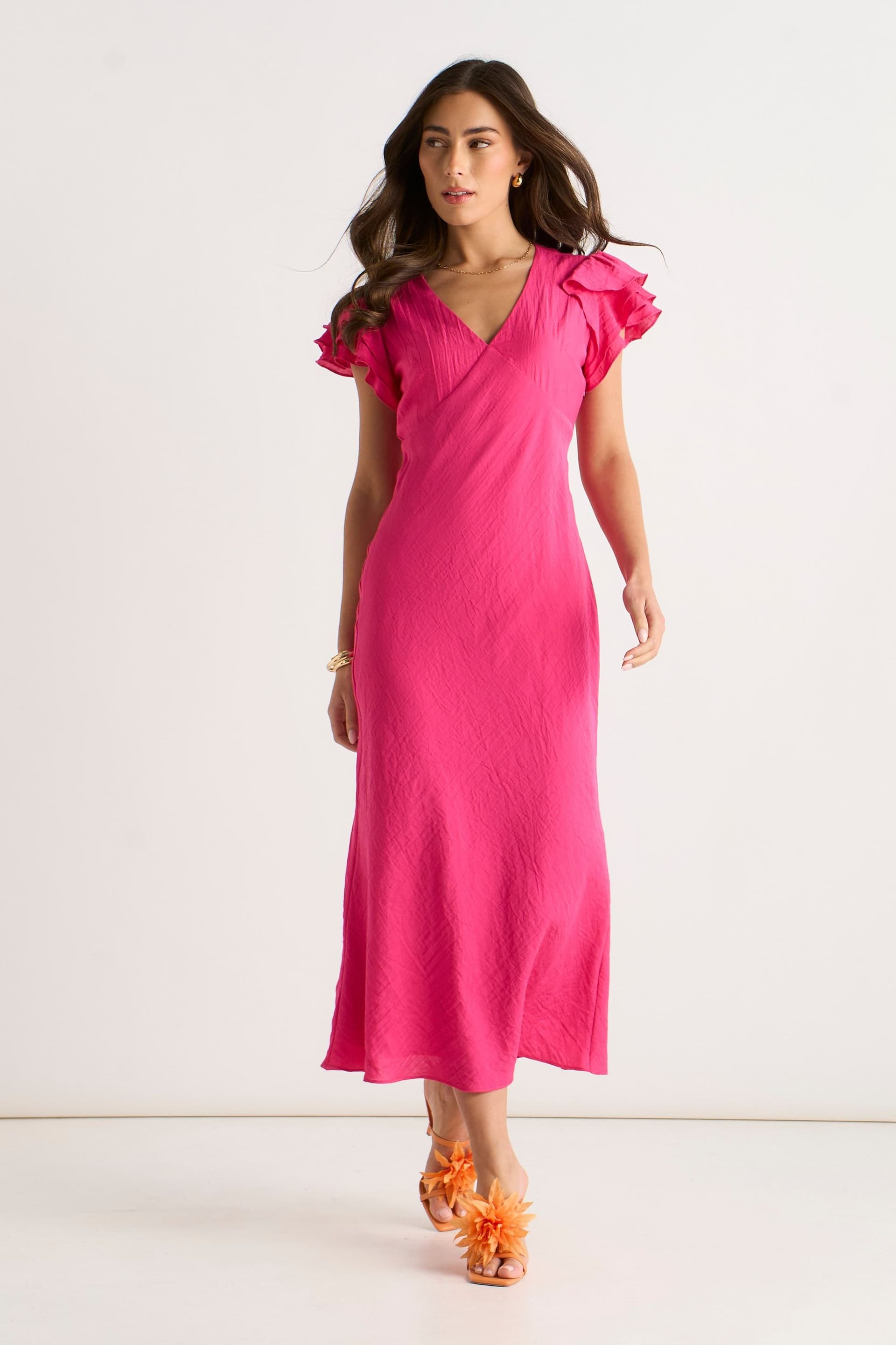 Gini London Gini London Women's Pink V Neck Ruffle Bias Midi Dress