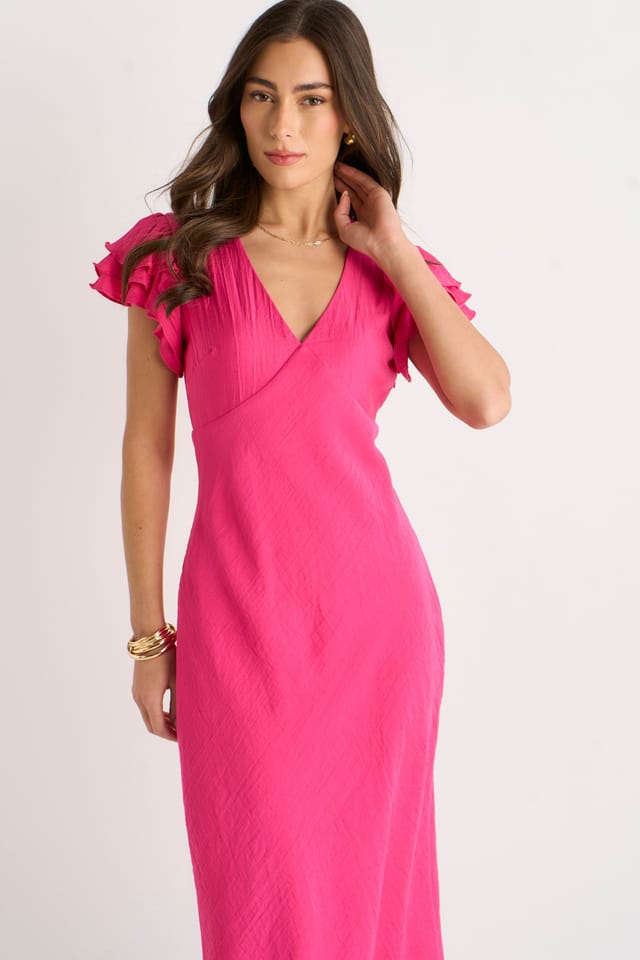 Gini London Gini London Women's Pink V Neck Ruffle Bias Midi Dress - 2