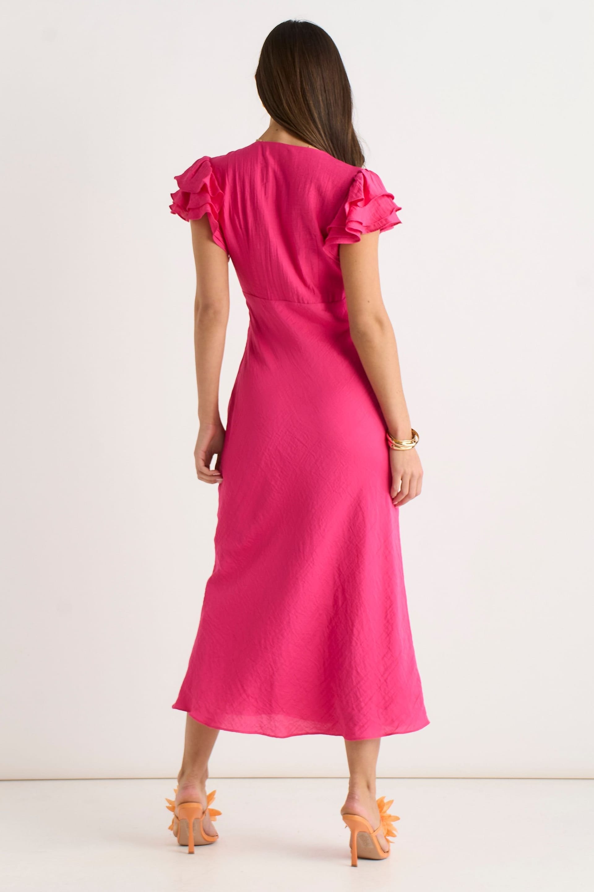 Gini London Gini London Women's Pink V Neck Ruffle Bias Midi Dress - 4