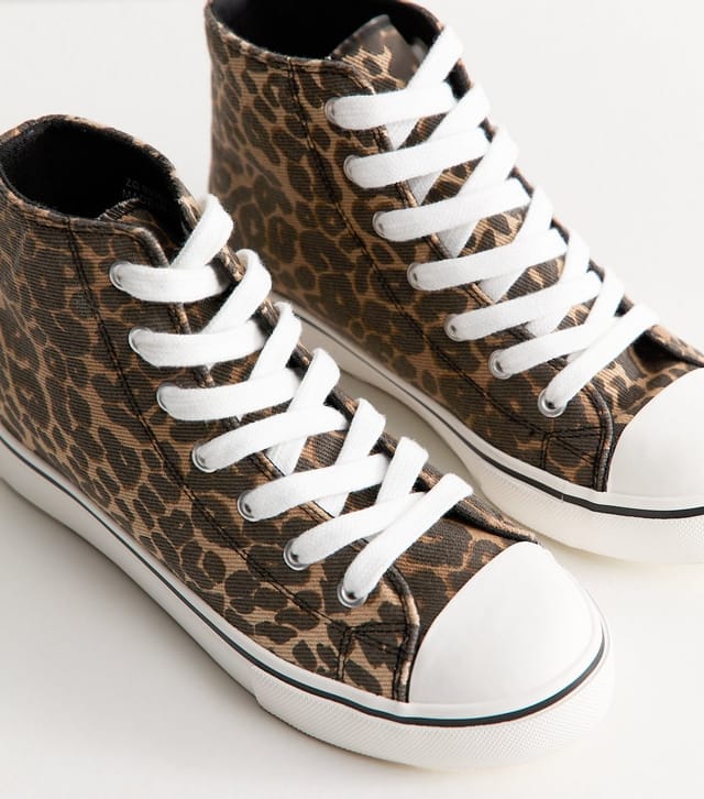 New Look Women's Brown Canvas Leopard Print High Top Trainers Vegan New Look - 3