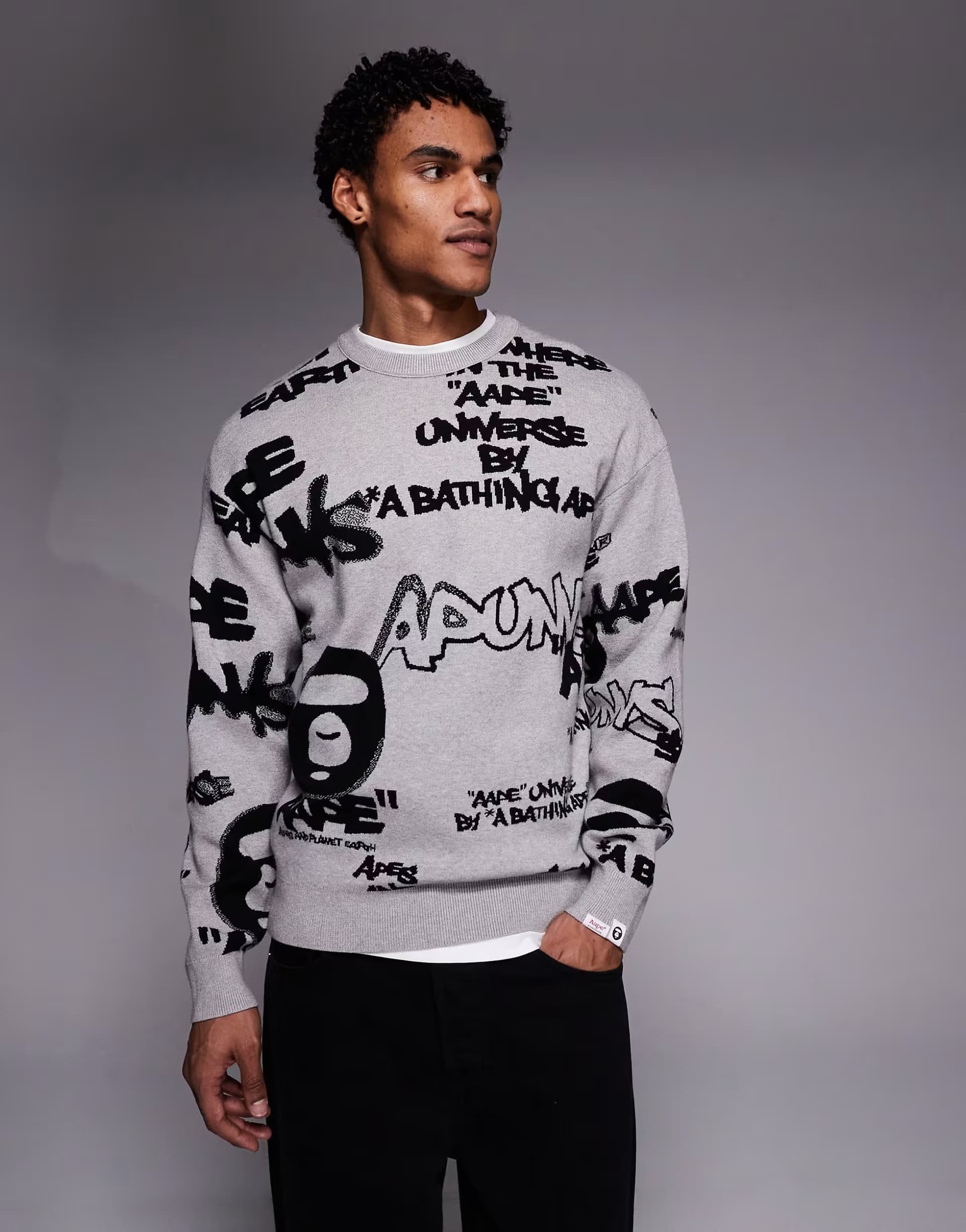 ASOS Aape by A Bathing Ape knitted jumper in grey with all over graffiti print