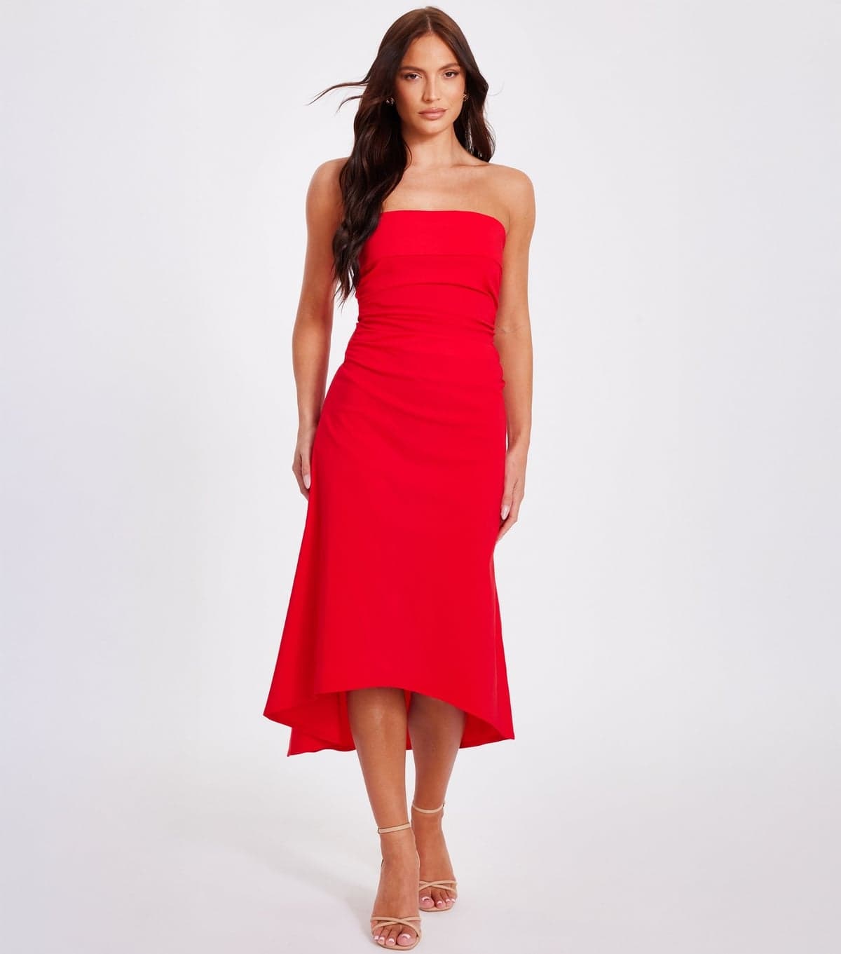 Quiz Women's Red Ruched Dipped Hem Bandeau Midi Dress Quiz New Look