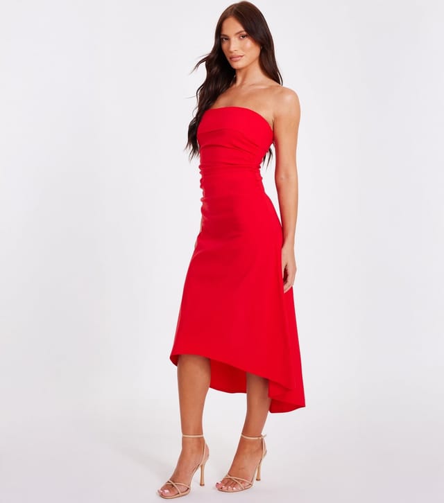 Quiz Women's Red Ruched Dipped Hem Bandeau Midi Dress Quiz New Look - 2