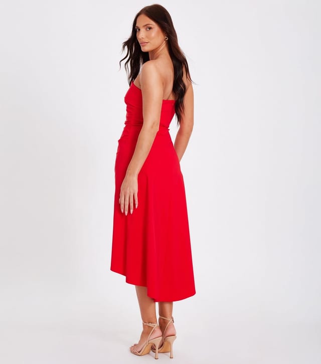 Quiz Women's Red Ruched Dipped Hem Bandeau Midi Dress Quiz New Look - 3