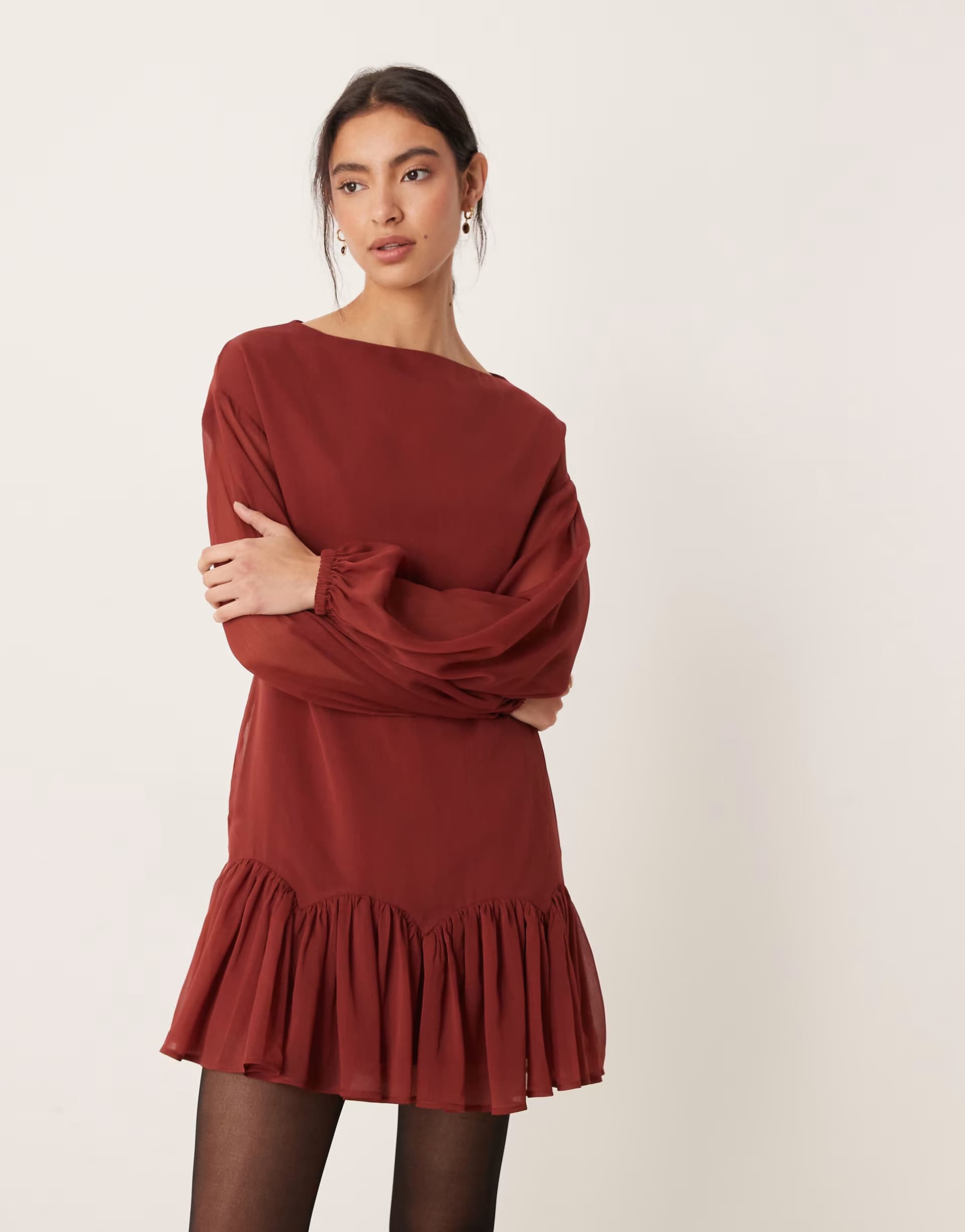ASOS ASOS DESIGN slash neck chiffon godet mini dress in burgundy