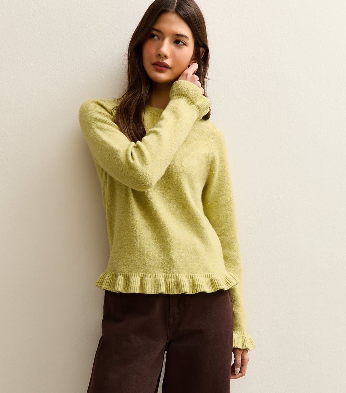 New Look Women's Light Green Frill Trim Crew Neck Jumper New Look