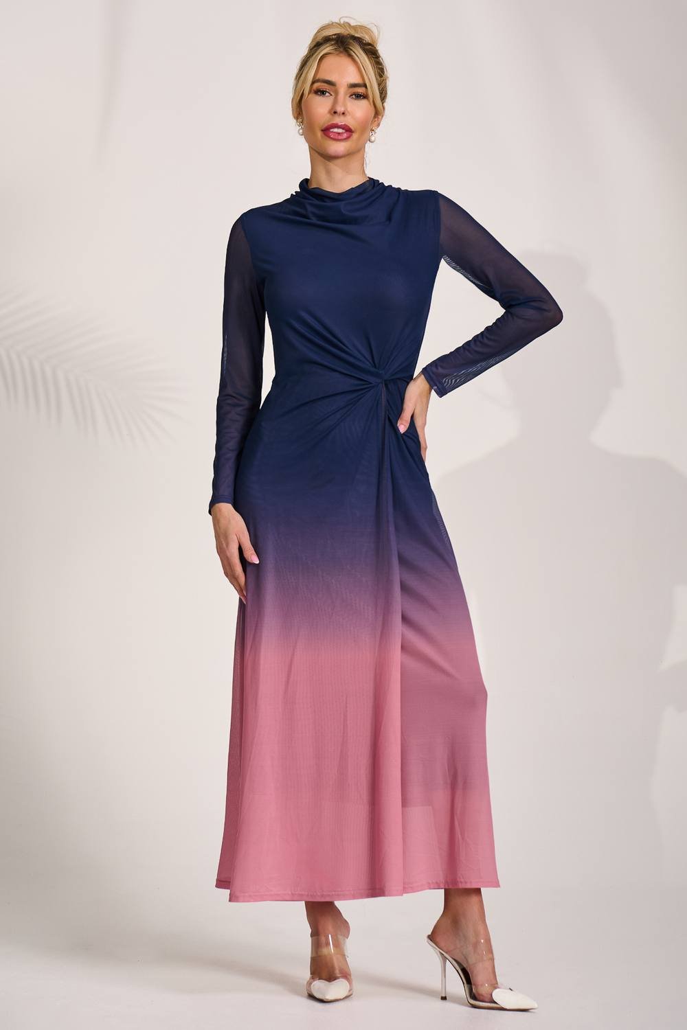 Jolie Moi Jolie Moi Women's Petite Long Sleeve Mesh Maxi Dress in Navy - 2