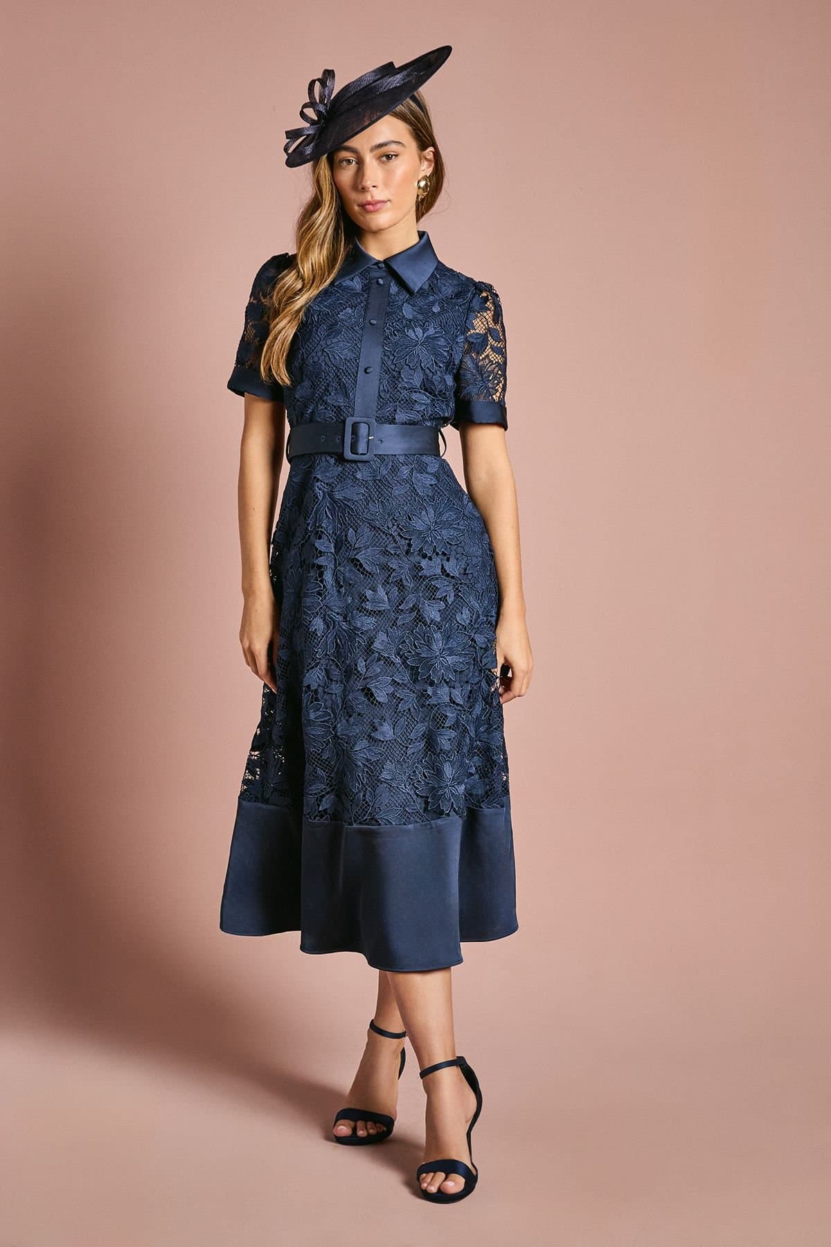 Coast Coast Women's Satin Trim Lace Shirt Midi Dress in Dusty Blue