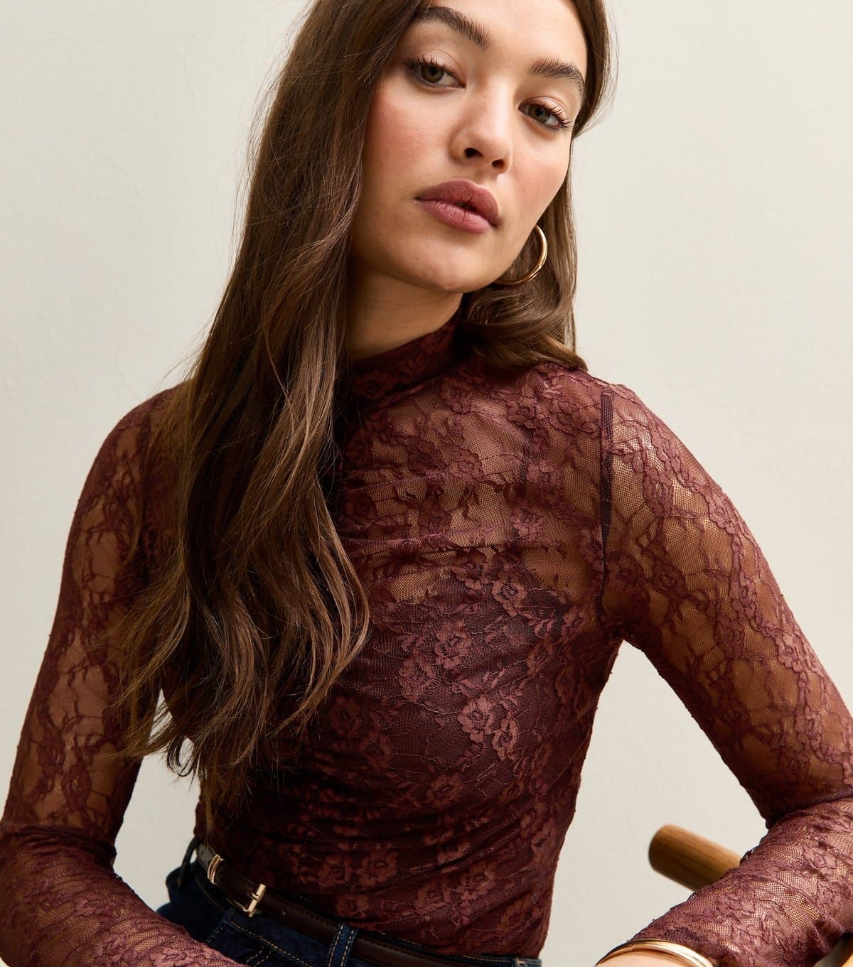 New Look Women's Dark Brown Ruched Sheer Unlined Lace Long Sleeve Bodysuit New Look