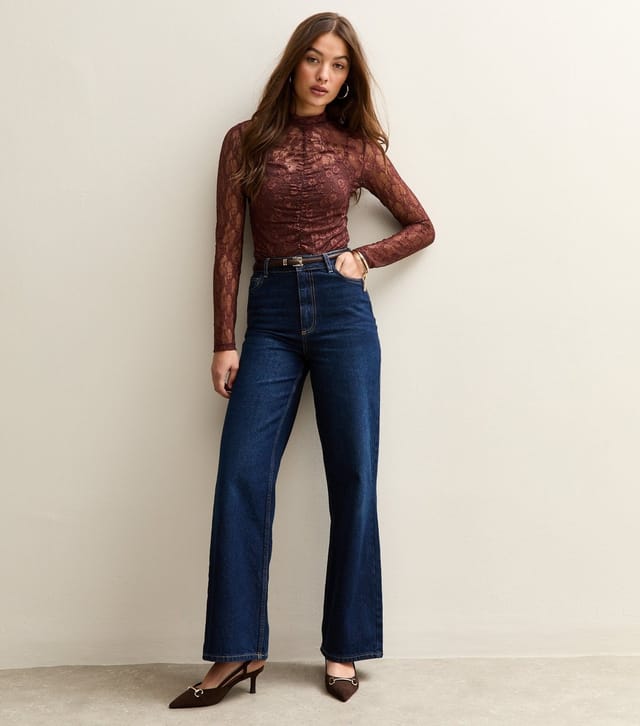 New Look Women's Dark Brown Ruched Sheer Unlined Lace Long Sleeve Bodysuit New Look - 3