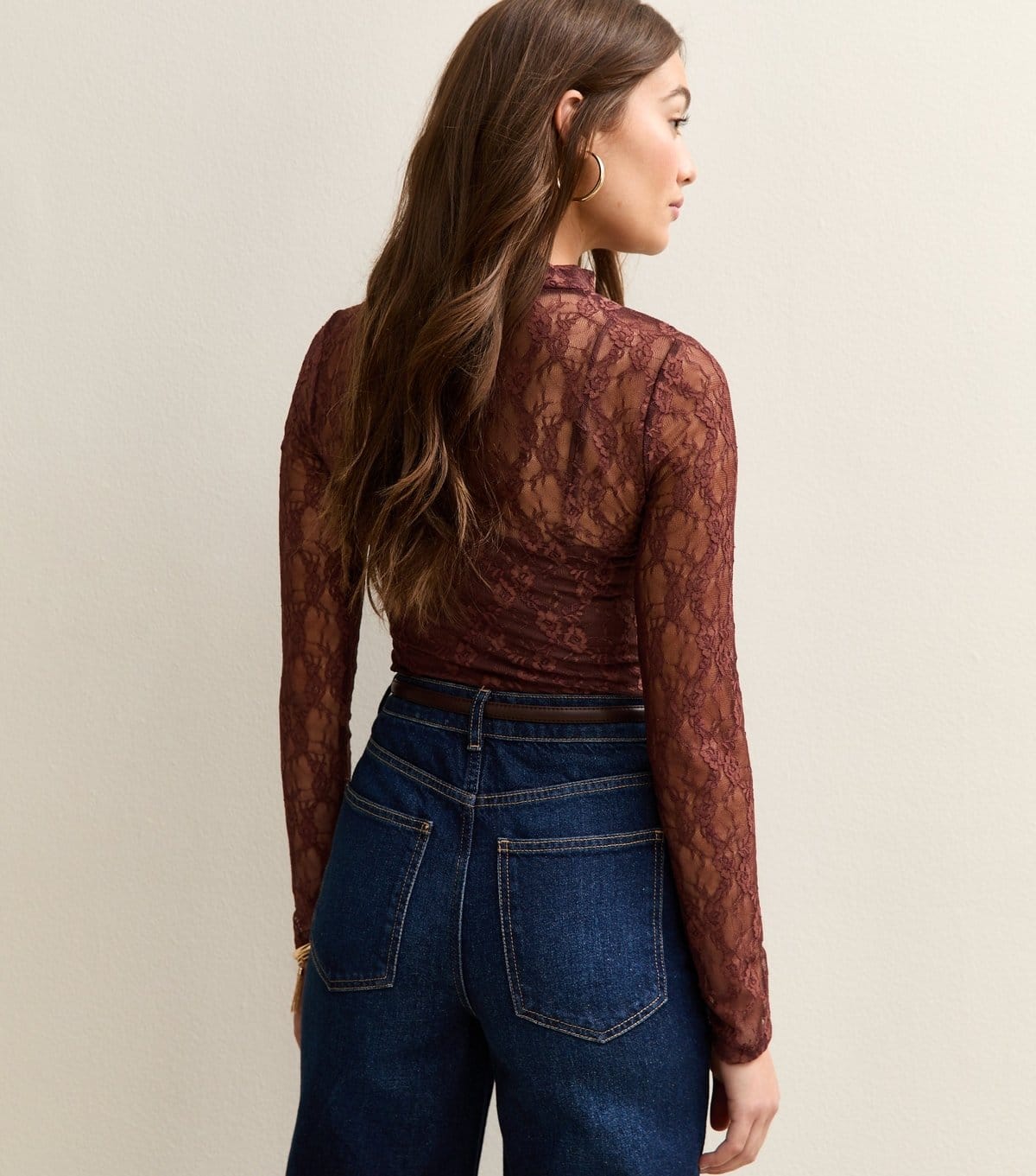 New Look Women's Dark Brown Ruched Sheer Unlined Lace Long Sleeve Bodysuit New Look - 4