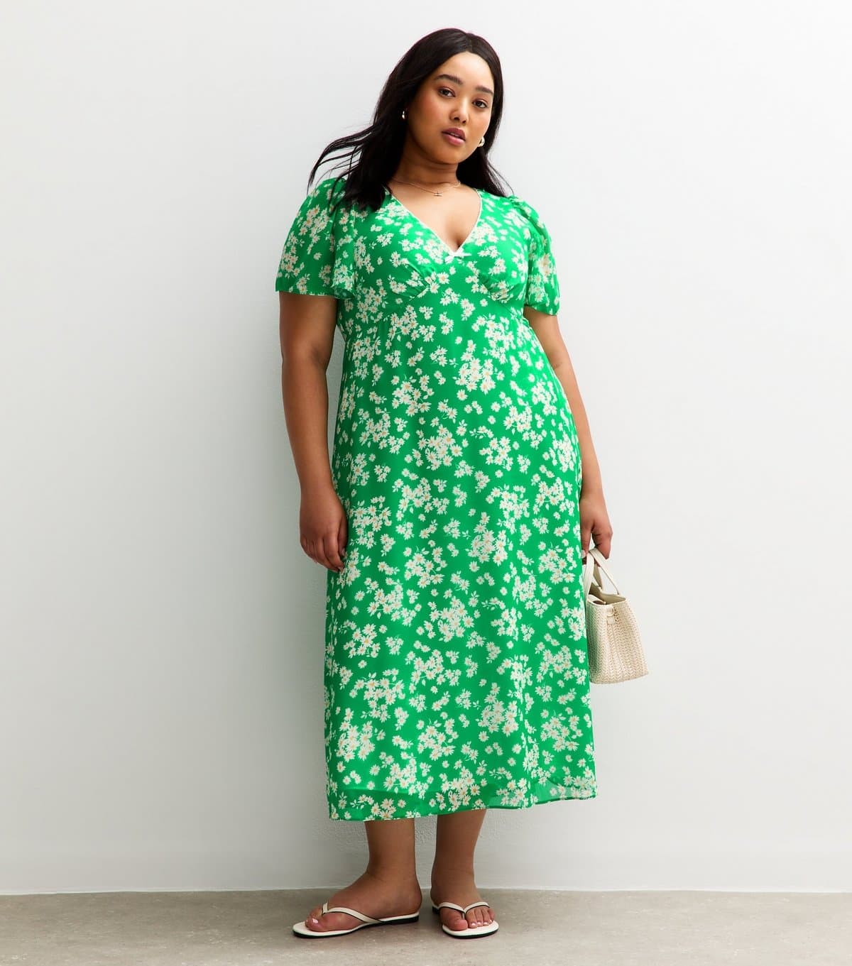 New Look Women's Plus Size Green Floral Print Chiffon Midi Dress Curves New Look