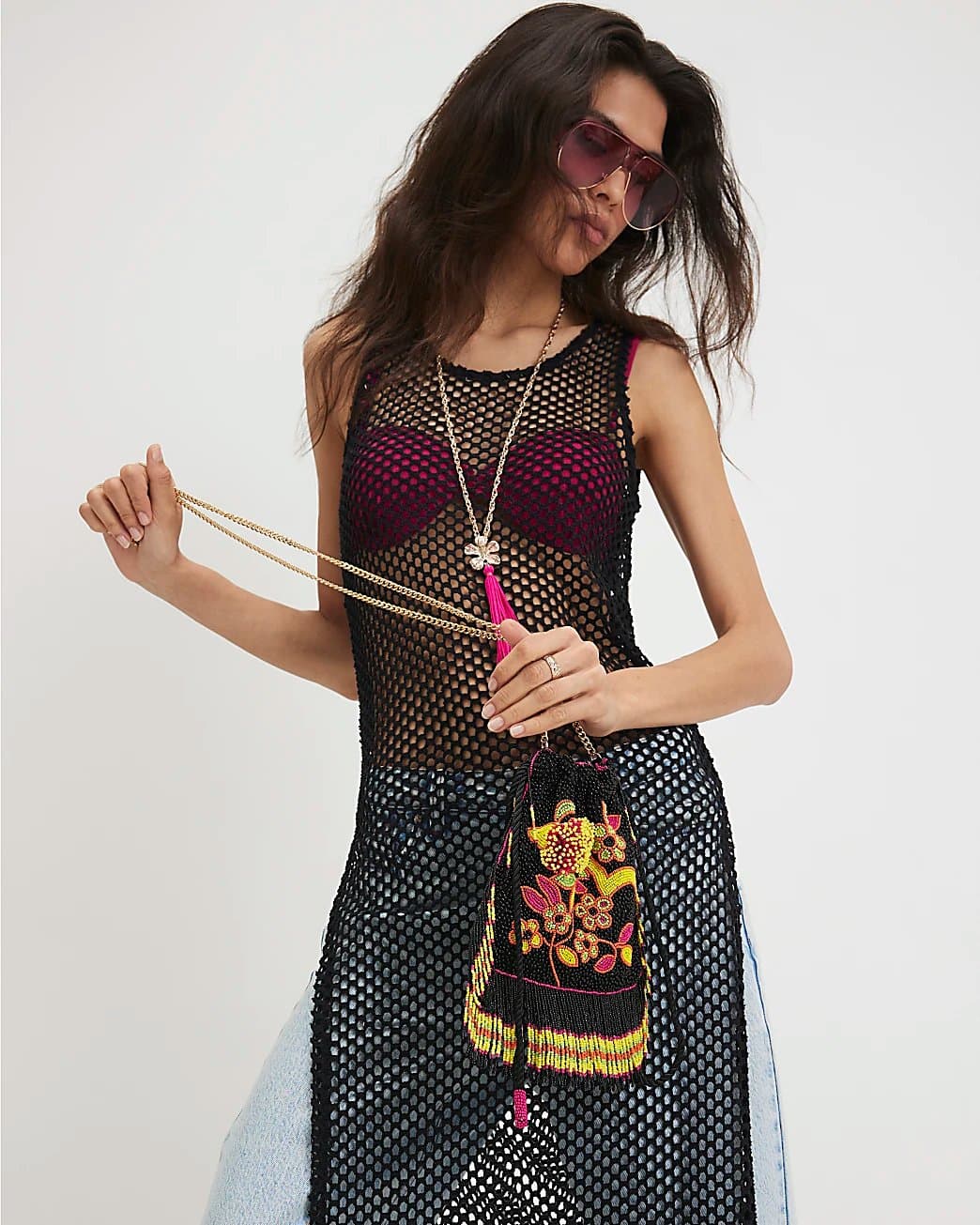 River Island River Island Womens Black Fringe Beaded Drawstring Bag