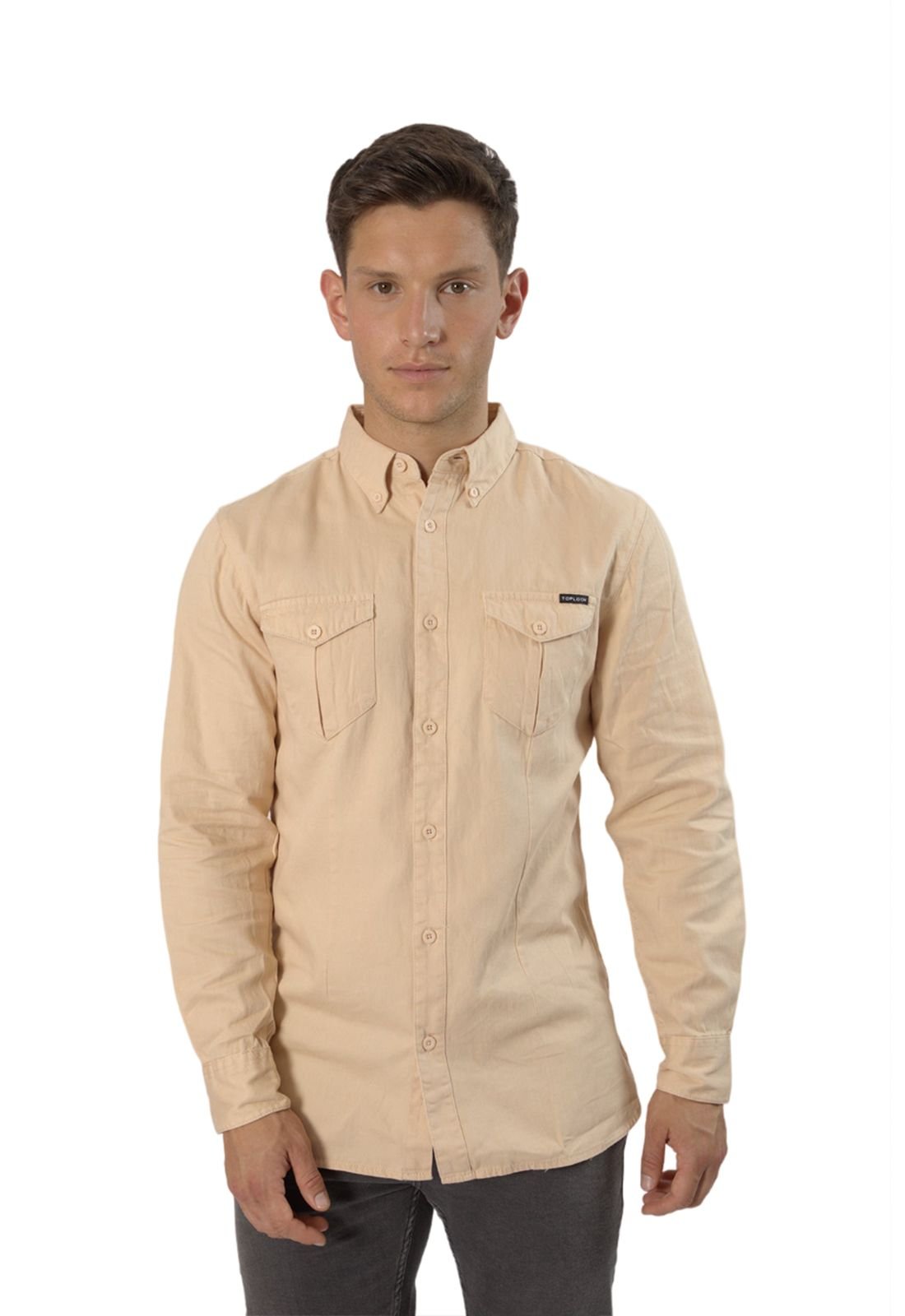 TopLook London TopLook London Men's Mens Smart Casual Button-Down Cotton Shirt with Pockets in Light Beige - 3