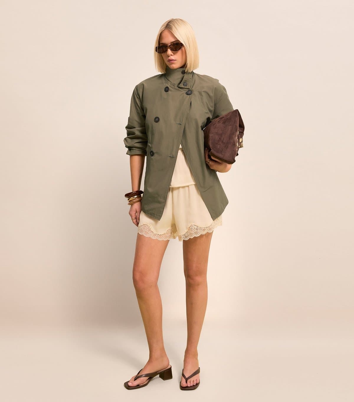 New Look Women's Light Khaki Cinched Waist Funnel Neck Jacket New Look