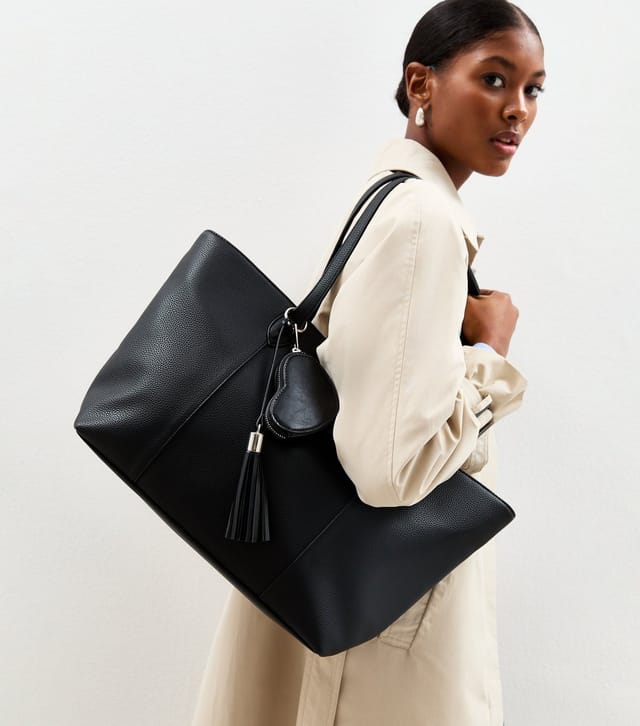 New Look Black Leather Look Charm Tote Bag Vegan New Look - 2