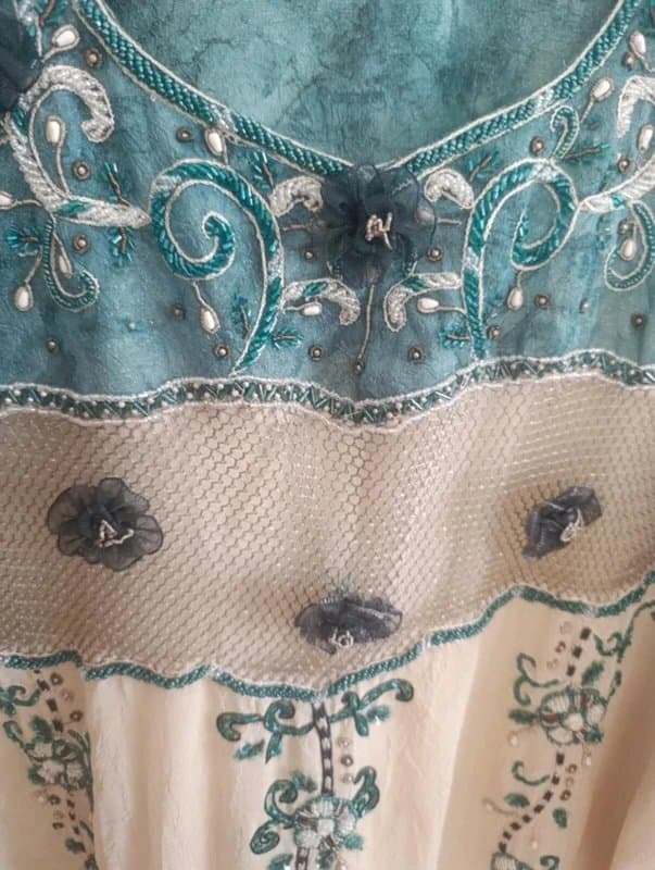 No Label Vintage Y2K Embellished Boho Maxi Dress Fairycore Festival Teal Cream Hippie