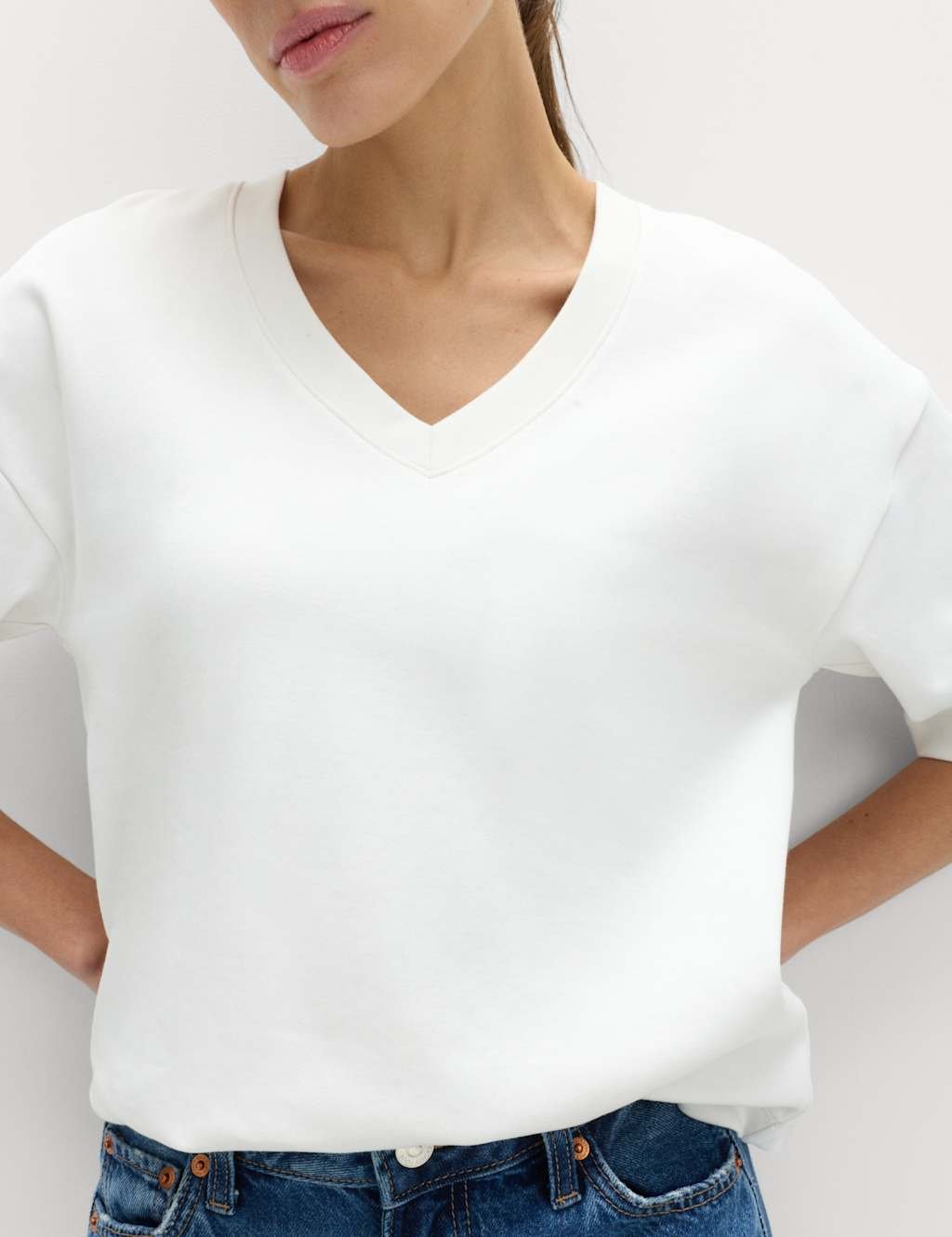 Marks & Spencer M&S Pure Cotton Heavyweight V-Neck Top Soft White - 2