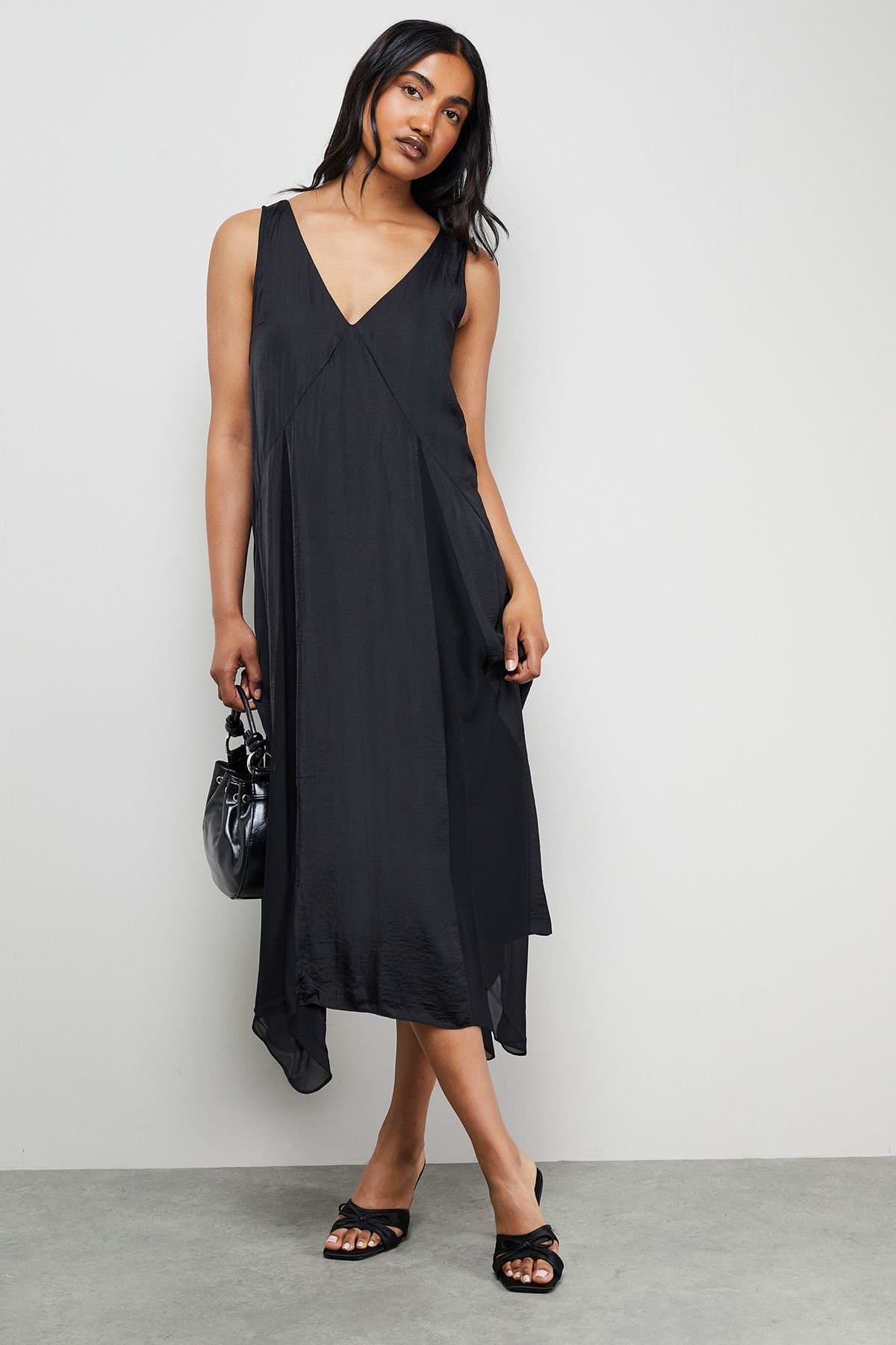 Warehouse Warehouse Black Satin Sleeveless Asymmetric Midi Dress
