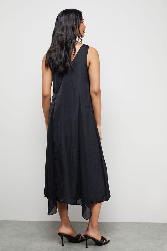 Warehouse Warehouse Women's Satin Sleeveless Asymmetric Hem Chiffon Godet Midi Dress in Black - 3