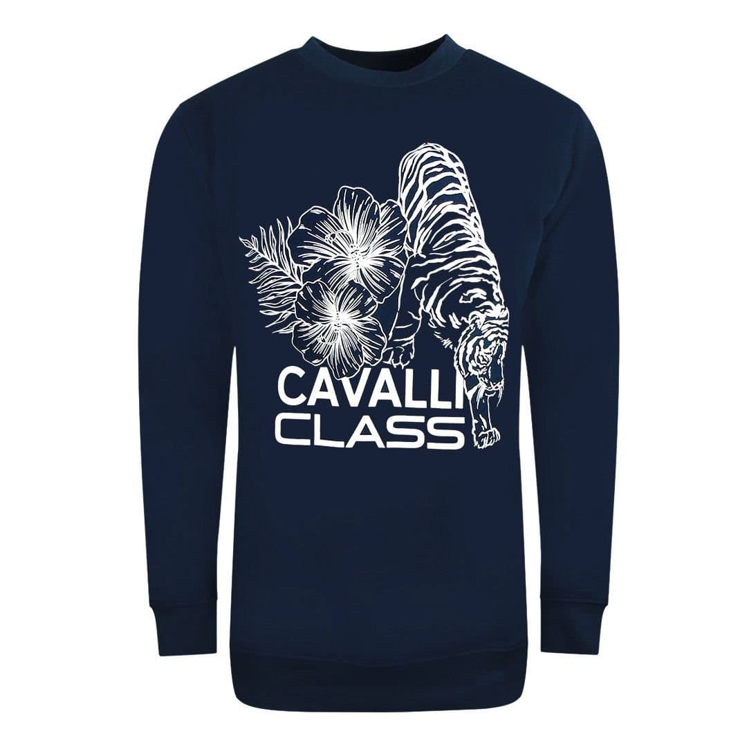 Cavalli Class Cavalli Class Men's Large Floral Tiger Design Navy Blue Sweatshirt