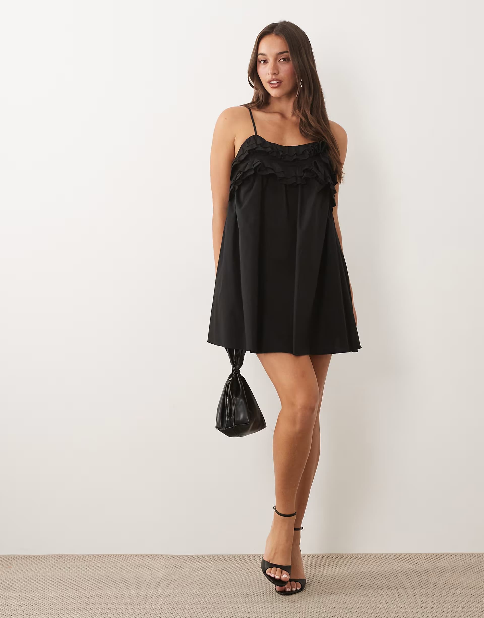 ASOS Fashionkilla exclusive cotton rich poplin ruffle hem cami top babydoll mini dress in black