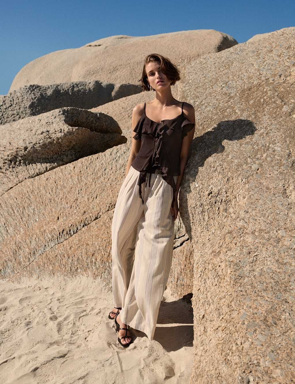 Marks & Spencer M&S Striped Wide Leg Trousers with Linen Peach Mix