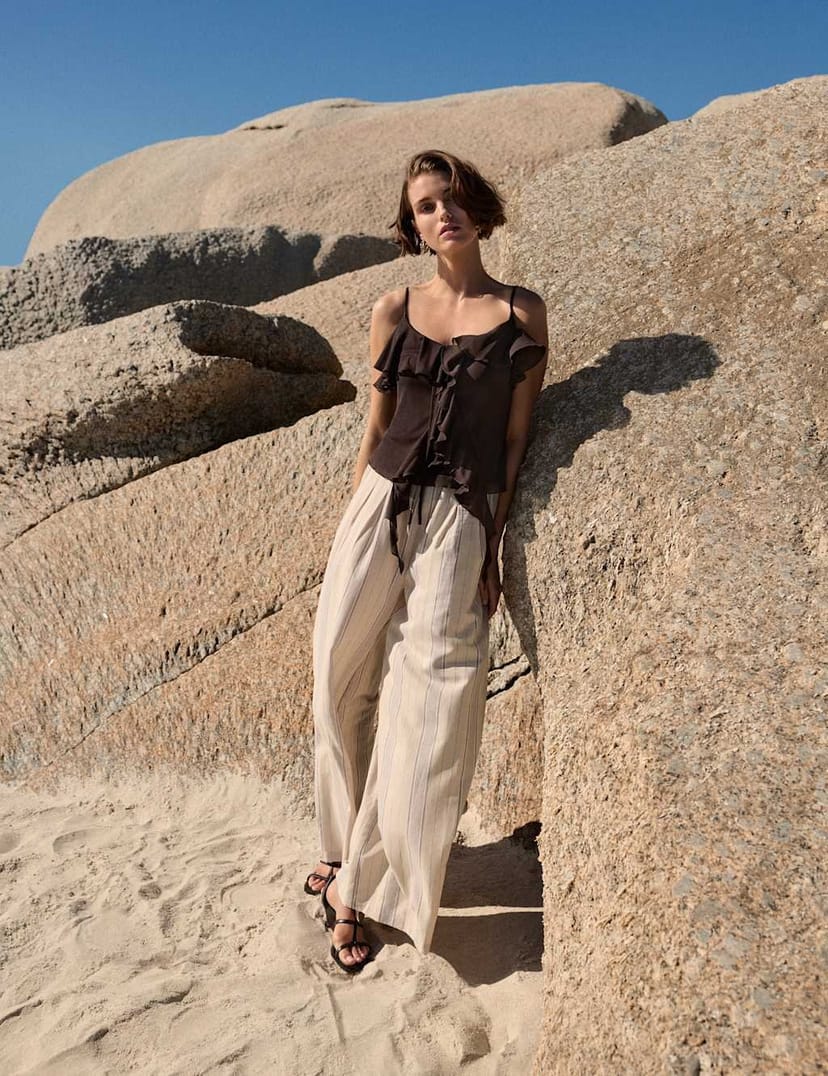Marks & Spencer M&S Striped Wide Leg Trousers with Linen Peach Mix - 1