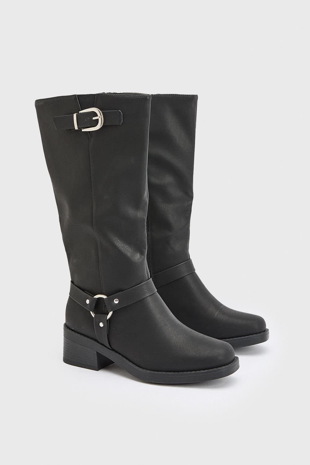 Dorothy Perkins Dorothy Perkins Women's Wide Fit Faux Suede Bonnie Buckle Biker Boots in Natural Black
