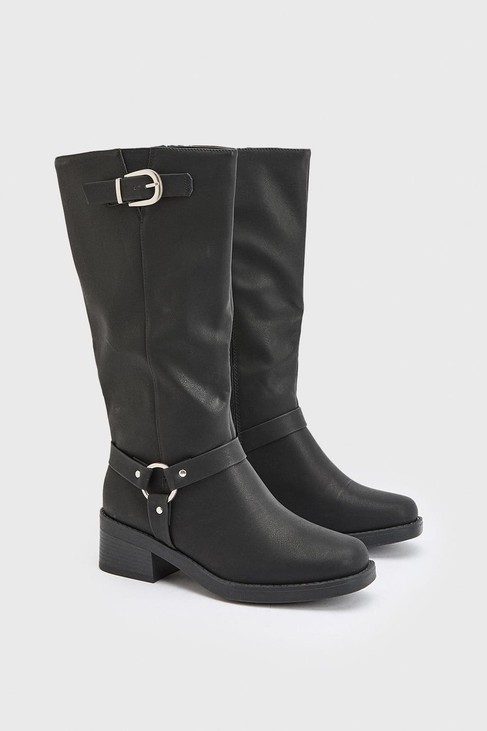Dorothy Perkins Dorothy Perkins Women's Wide Fit Faux Suede Bonnie Buckle Biker Boots in Natural Black - 1