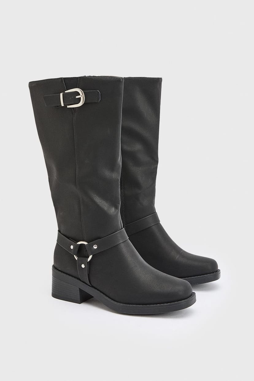 Dorothy Perkins Dorothy Perkins Women's Wide Fit Faux Suede Bonnie Buckle Biker Boots in Natural Black - 1