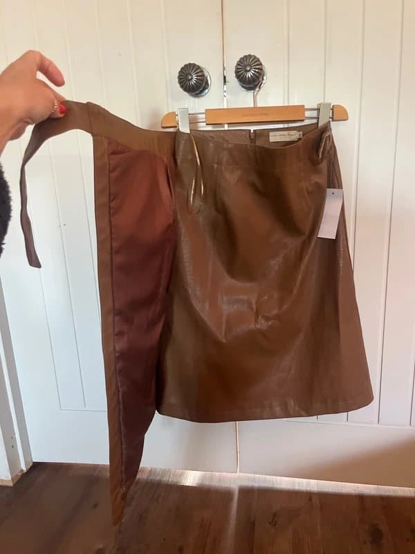 Never Fully Dressed Women’s Never Fully Dressed Faux Leather Midi  Wrap Skirt Dark Taupe