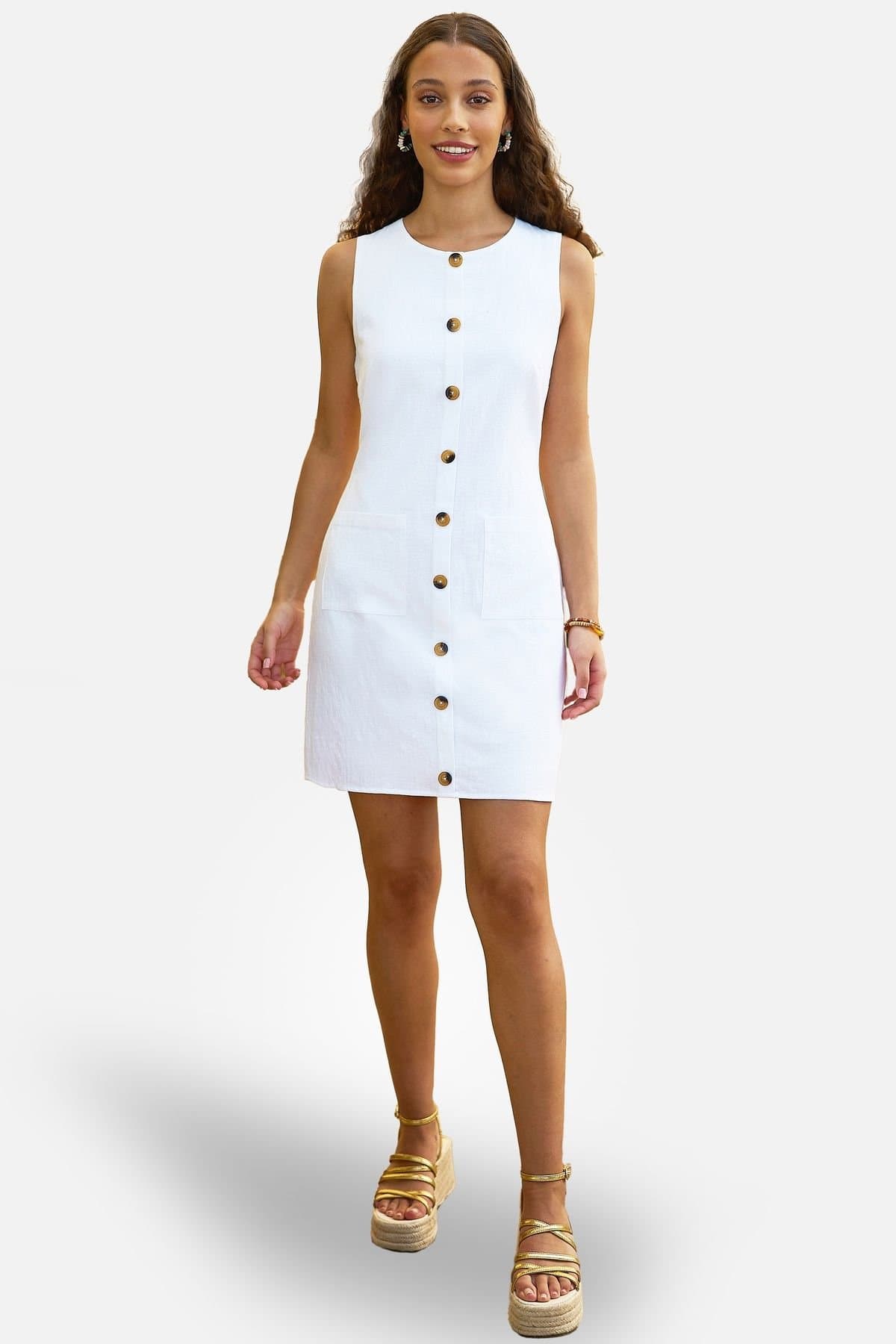 Yumi Yumi Women's Viscose Button Detail Shift Dress in White