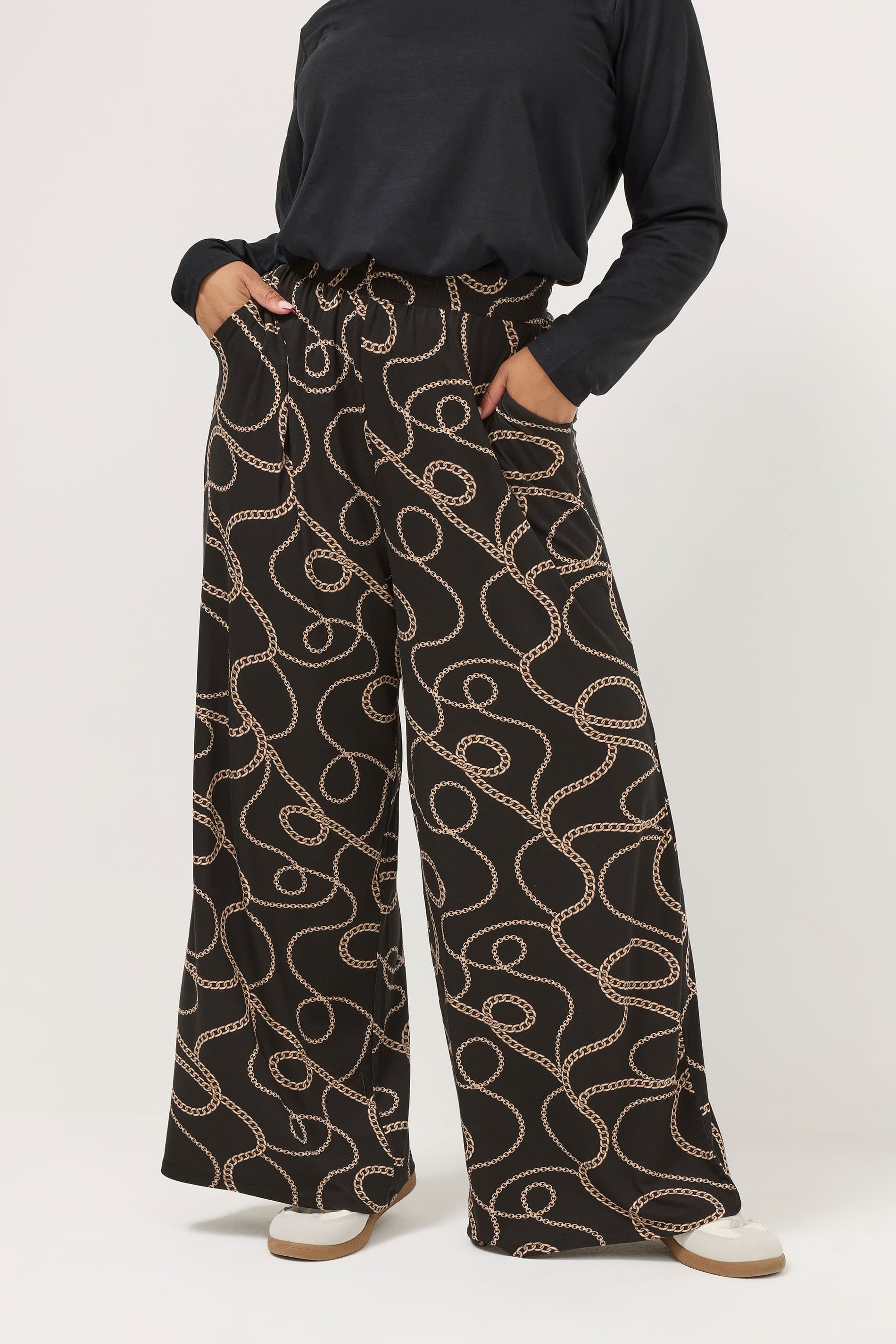 Yours Plus Size Black Chain Print Wide Leg Trousers