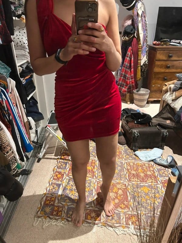 ASOS Red Velvet One-Shoulder Mini Dress – Size 10