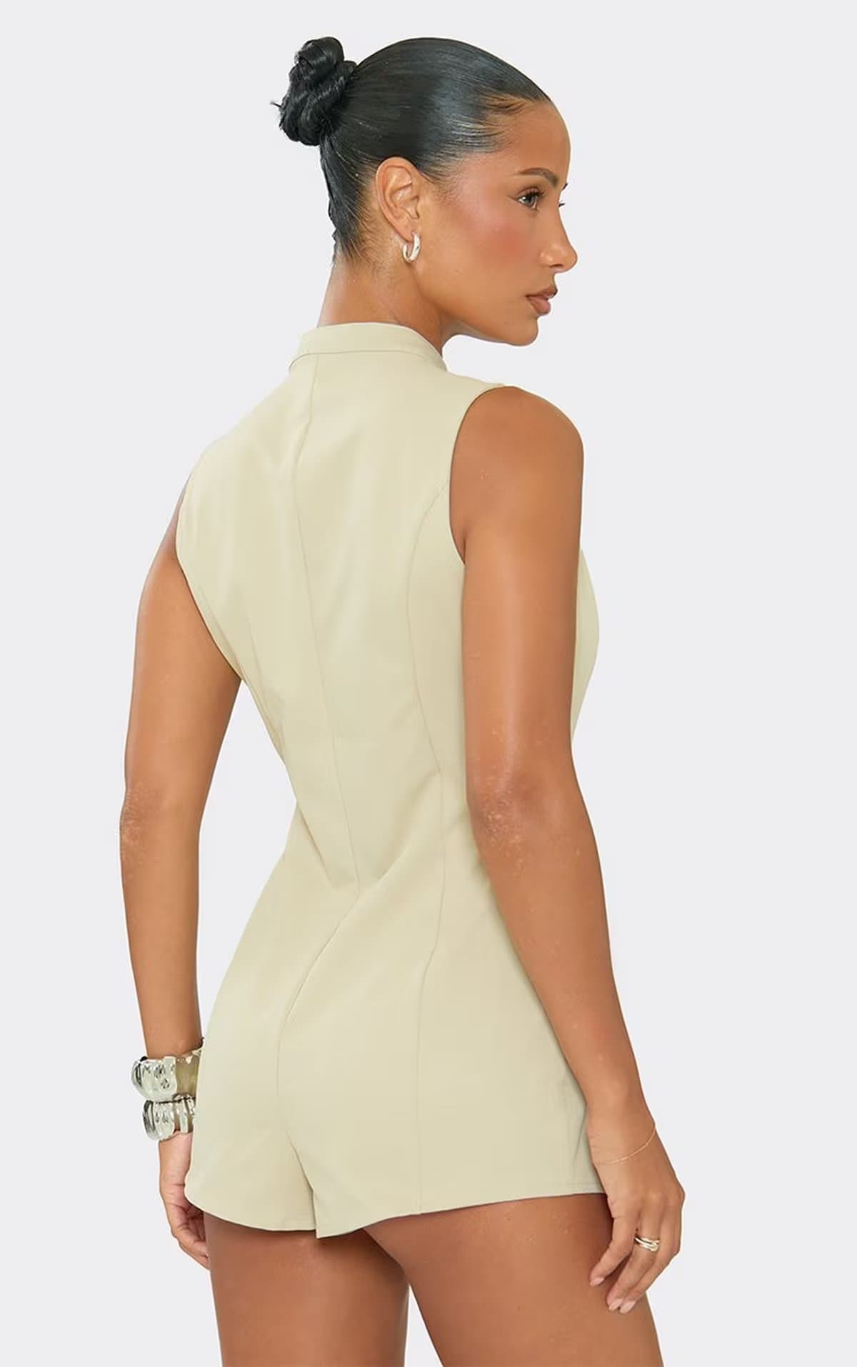 EGO Sleeveless High Neck Zip Up Front Playsuit In Stone, Women's Size UK 6