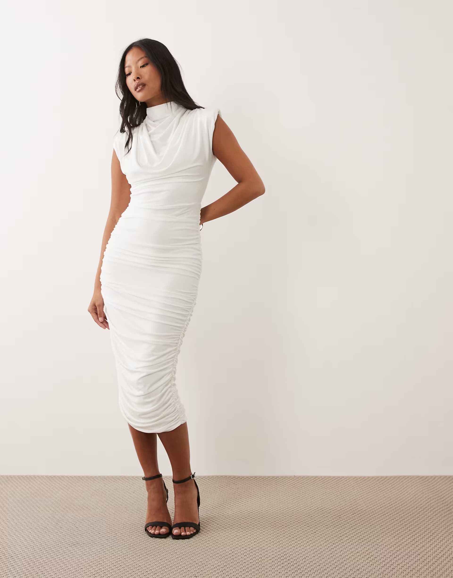 ASOS TFNC Petite slinky high neck shoulder pad drape detail midi dress in cream
