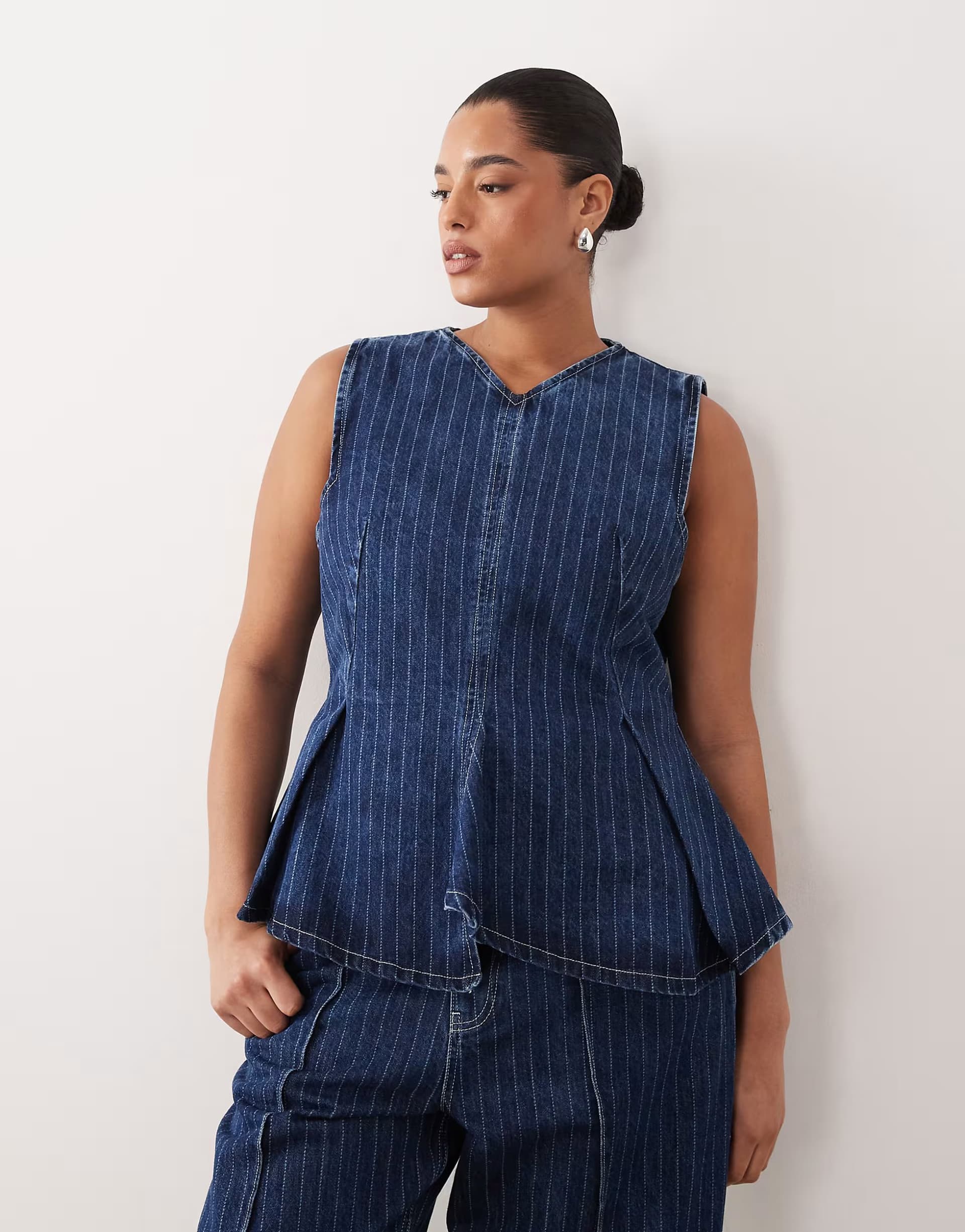 ASOS ARRANGE Curve stitch stripe denim pleated v neck top co-ord in washed blue stripe