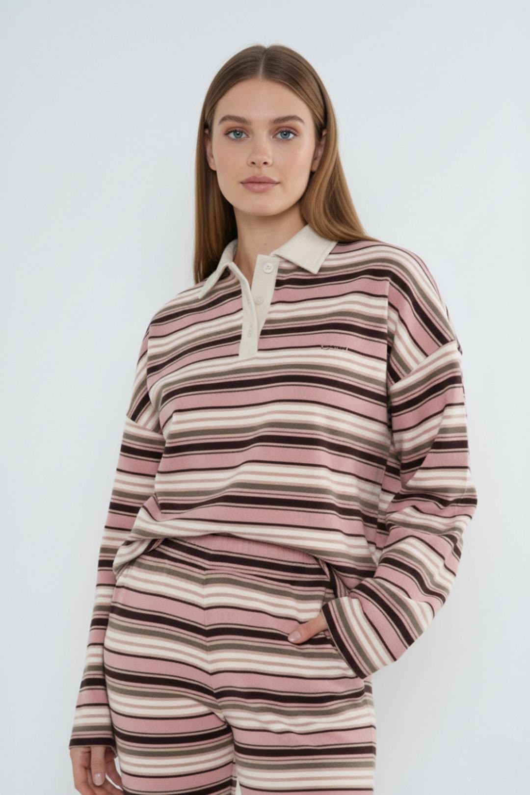 STYLEWISE STYLEWISE Women's Stripe Rugby Collar Sweatshirt & Trouser Set in Pink