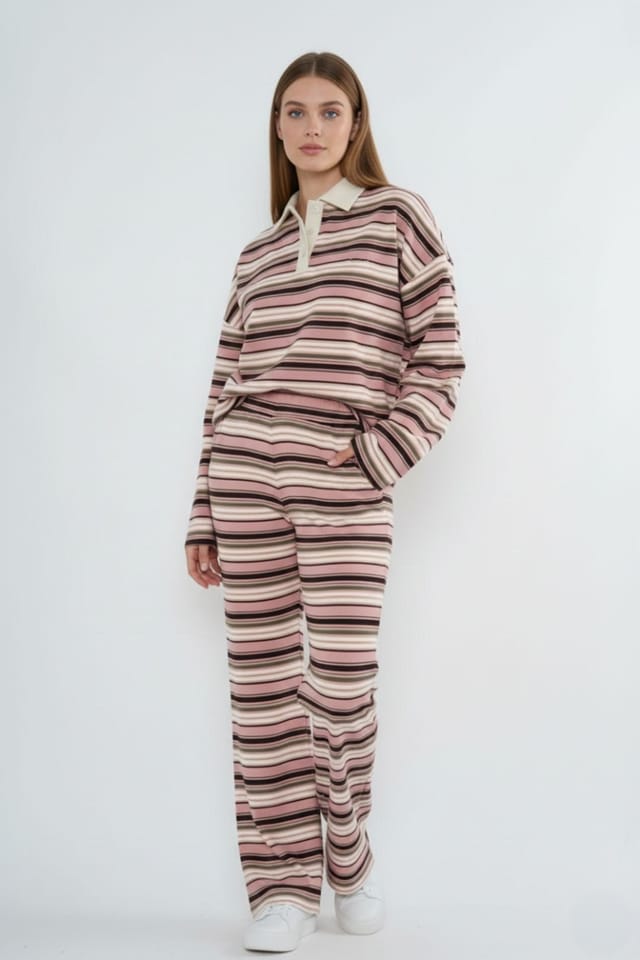 STYLEWISE STYLEWISE Women's Stripe Rugby Collar Sweatshirt & Trouser Set in Pink - 2