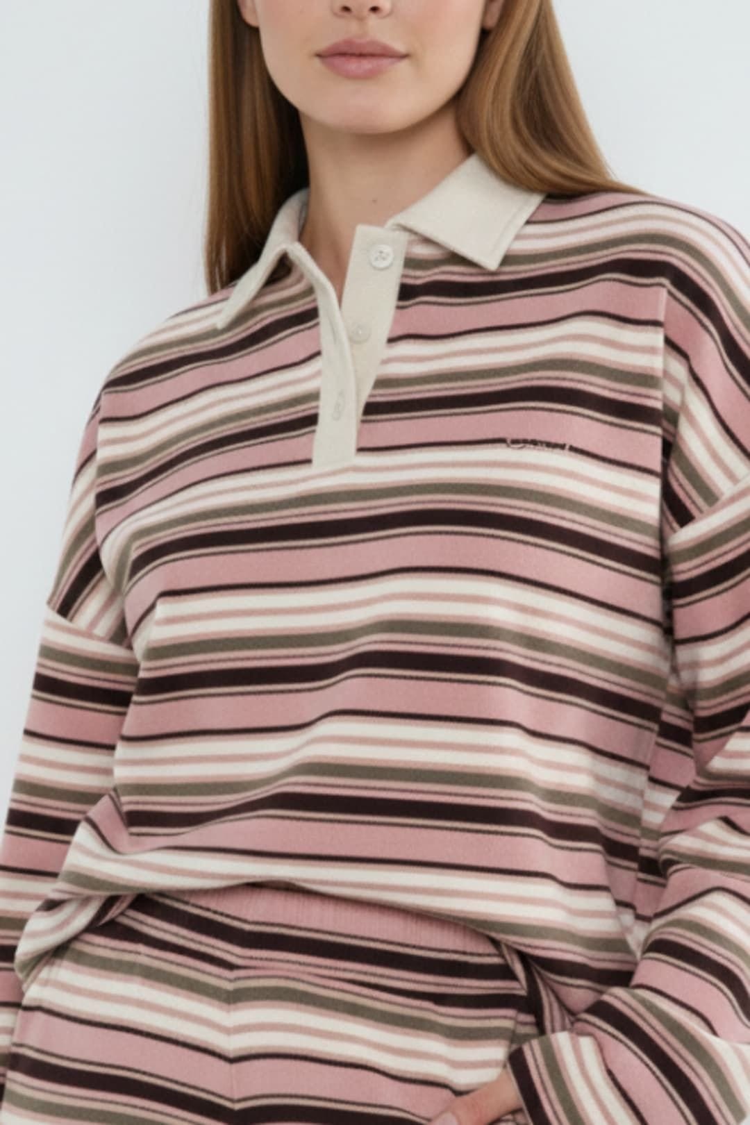 STYLEWISE STYLEWISE Women's Stripe Rugby Collar Sweatshirt & Trouser Set in Pink - 4