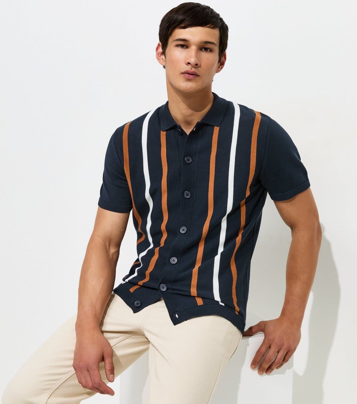 New Look Men's Blue Cotton Rich Short Sleeve Stripe Button Through Polo Top New Look