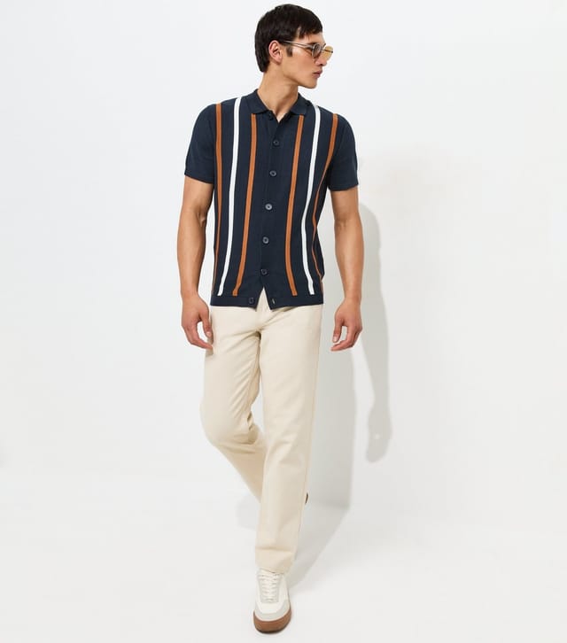 New Look Men's Blue Cotton Rich Short Sleeve Stripe Button Through Polo Top New Look - 2