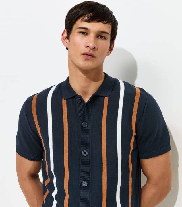 New Look Men's Blue Cotton Rich Short Sleeve Stripe Button Through Polo Top New Look - 3
